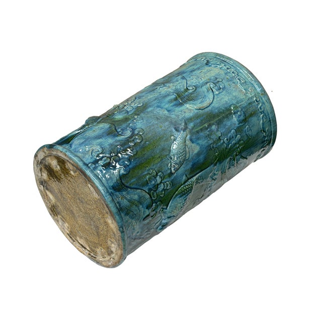 Vintage Distressed Marks Turquoise Green Lotus Fishes Ceramic Holder For Sale - Image 10 of 14