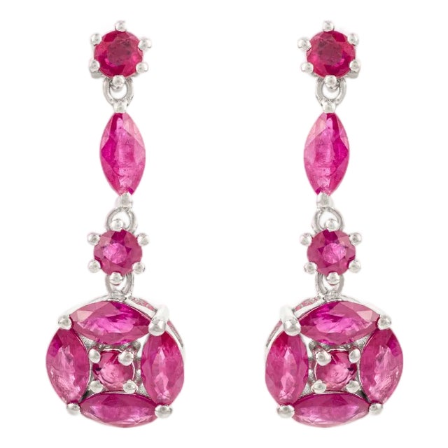 Elegant Vintage Style Sterling Silver Pink Ruby Long Drop Earrings- A Pair For Sale