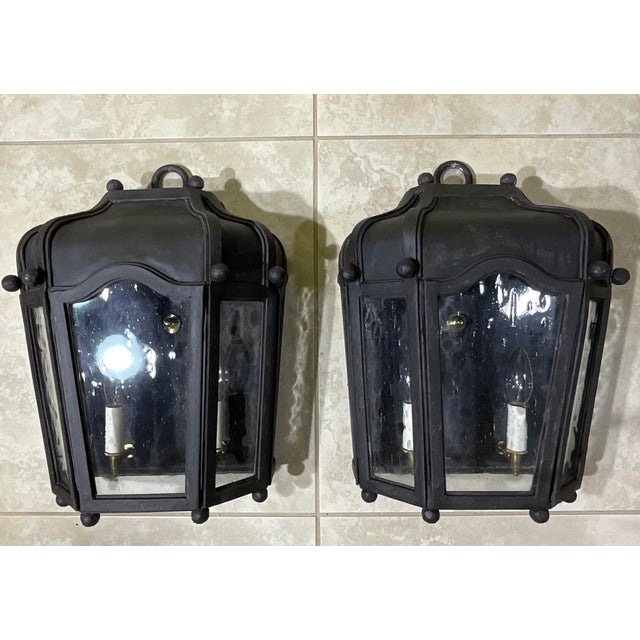 Exceptional Pair of Hand-Forged Iron Wall Lanterns Architectural Sconces For Sale - Image 10 of 17