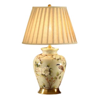 Bird-and-Flower Painted Porcelain Gilded Table Lamp For Sale