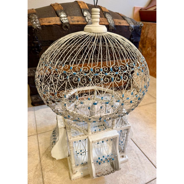 White Vintage 1960’s Tunisian/ Morrocan Balloon Bird Cage White W Blue Accent— Beautiful For Sale - Image 8 of 8