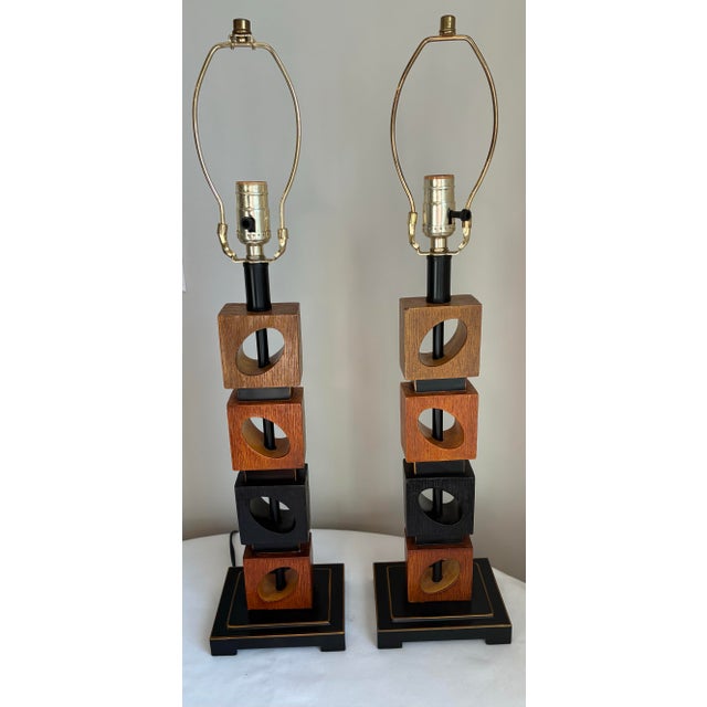 Mid-Century Modern Stacked Geometric Wooden Cube Table Lamps - Pair Description Elevate your space with this striking pair...