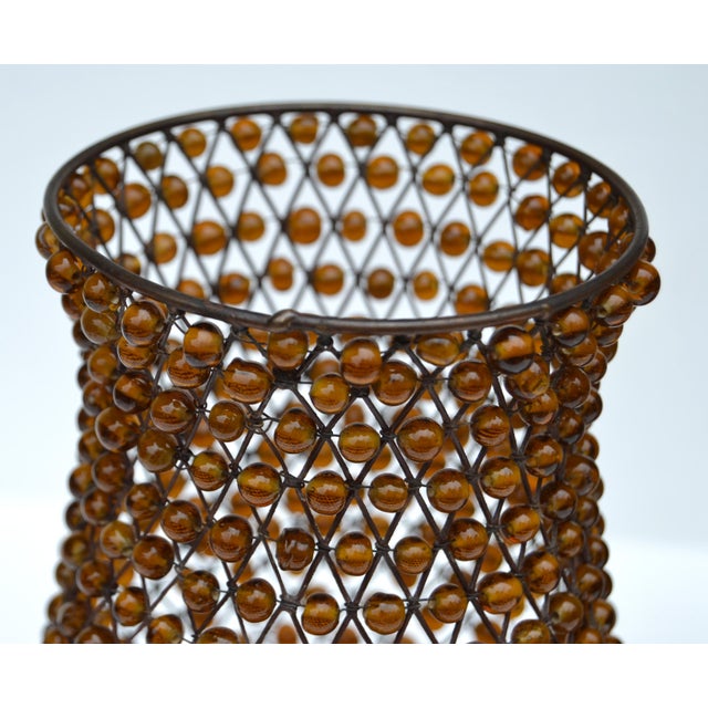 Set 2 Vintage Decorative Amber Gemstone Beaded Lattice Hourglass Shaped Candle Holders For Sale - Image 9 of 15