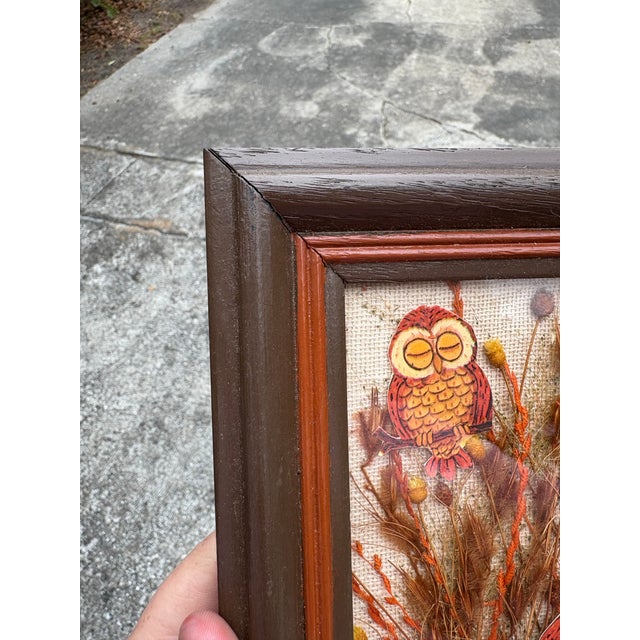 1970s MCM Vintage Mixed Media Owl & Botanical Wall Hanging Art For Sale - Image 5 of 8