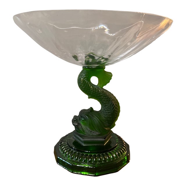 Vintage Dolphin Green and Clear Glass Bowl For Sale