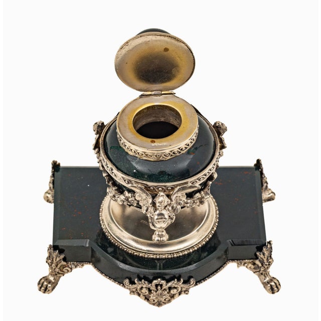 1920s Rare French Bloodstone Sterling Silver Cherub Mounted Inkwell, Circa 1920 For Sale - Image 5 of 11