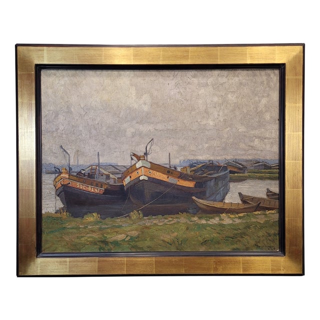 Gerard Beutner, Boats Moored on the Shore, 1920s, Oil on Canvas, Framed For Sale