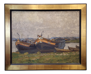 Gerard Beutner, Boats Moored on the Shore, 1920s, Oil on Canvas, Framed