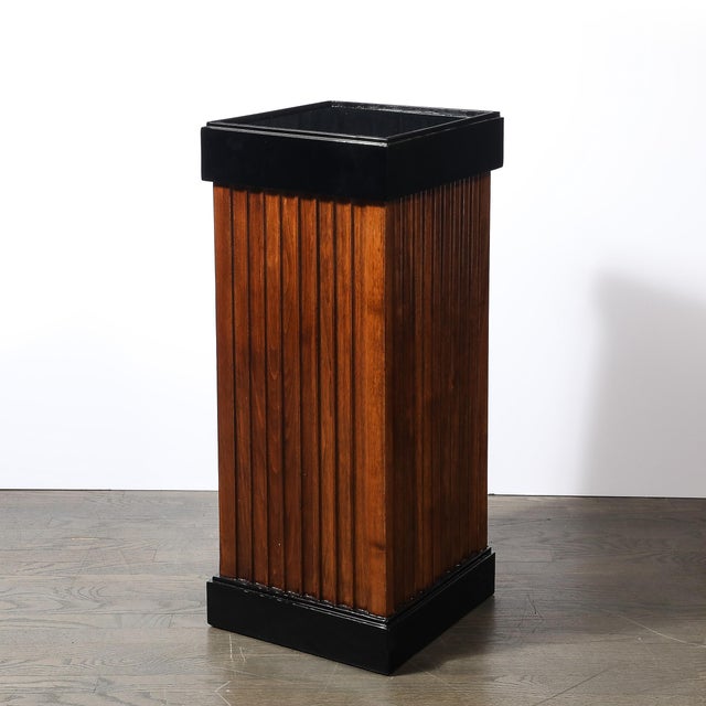 Pair of Art Deco Pedestals in Fluted Walnut & Black Lacquer Bases W/ Glass Tops For Sale - Image 4 of 13