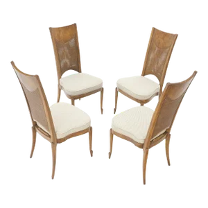 Burl Wood Cane Back NEW Upholstery Dining Chairs Mid Century Modern - Set of 4