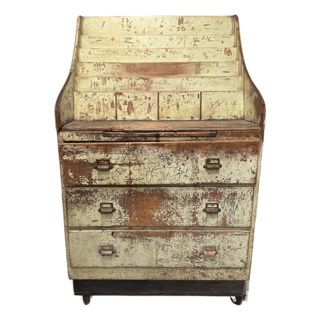 Antique Painted Pine Slant-Front Desk With Original Graffiti Patina For Sale