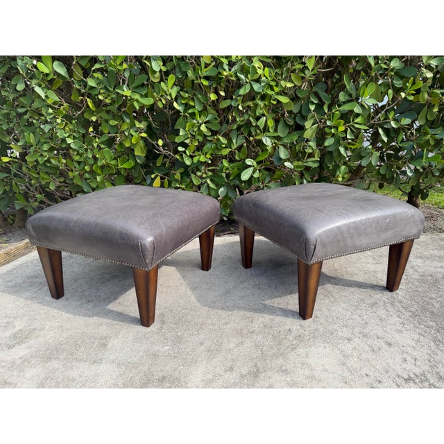 King Hickory Gray Leather Nailhead Ottomans, a Pair For Sale In Naples, FL - Image 6 of 12