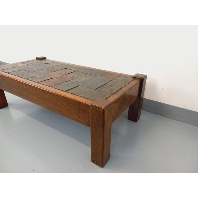 1960s Vintage Brutalist Coffee Table in Oak and Slate, 1960s For Sale - Image 5 of 16