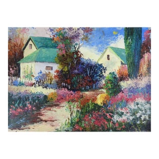 Vintage Late 20th Century Impressionist Cottage Garden Painting For Sale