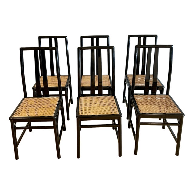 Black Lacquered and Cane Chairs from Montina S.P.A., 1960, Set of 6 For Sale