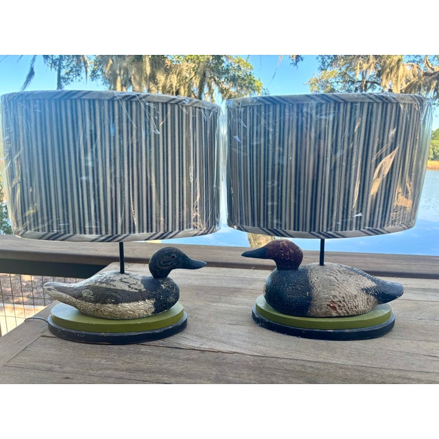 Wood Early 20th Century Hand-Carved Duck Decoy Lamps With Custom Ticking Stripe Shades – Pair For Sale - Image 7 of 17