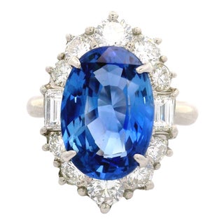 5.98 Carat No-Heat Ceylon Blue Sapphire Diamond Platinum Ring, Gia Certified, Size 5.75 For Sale