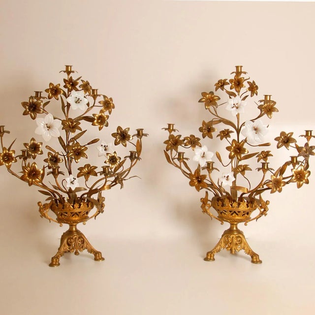 Antique French Candelabra Gold Bronze Brass Church Candelabra Opaline Glass Flowers For Sale - Image 11 of 11
