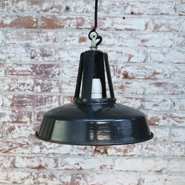Vintage Industrial French Black Enamel Pendant Lights For Sale - Image 4 of 5