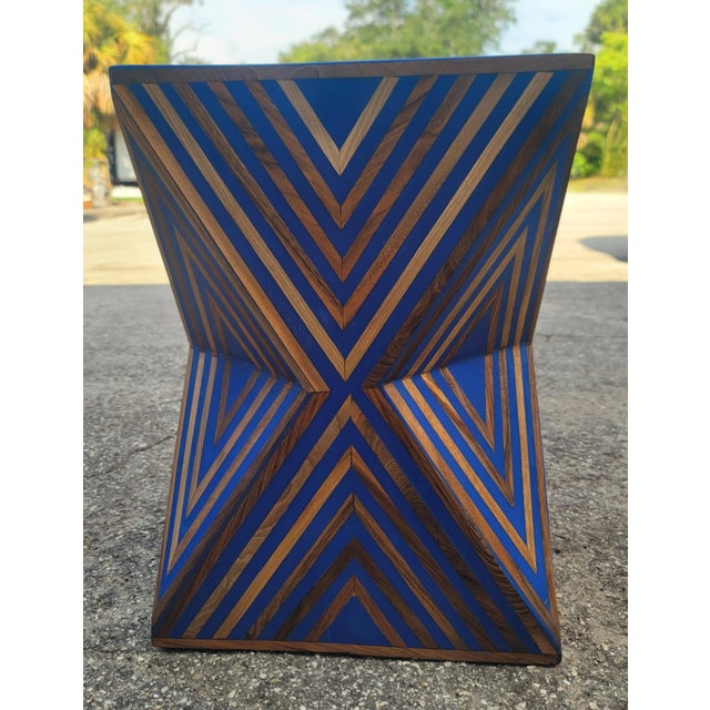 Contemporary Traditional Moroccan Resin and Walnut Wood Stool / Blue Hourglass Silhouette For Sale - Image 4 of 7
