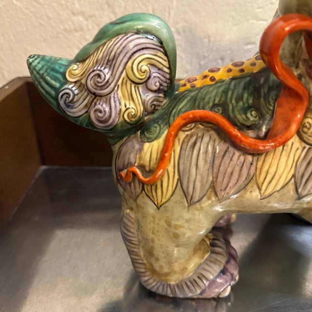 Asian Vintage Multi-Color Porcelain Foo Dog Made in Hong Kong For Sale - Image 3 of 12