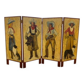 Signed Vintage Western Painted Screen For Sale