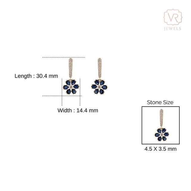 Metal 3.77 Ct Natural Blue Sapphire & Diamond Floral Drop Earrings in 18k Yellow Gold- A Pair For Sale - Image 7 of 11