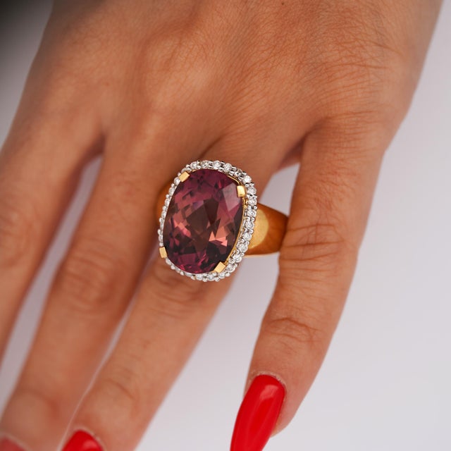18.75 Carat Cushion Cut Pink Tourmaline & Diamond Halo Set 18k Yellow Gold Ring, Size 8 For Sale - Image 10 of 11