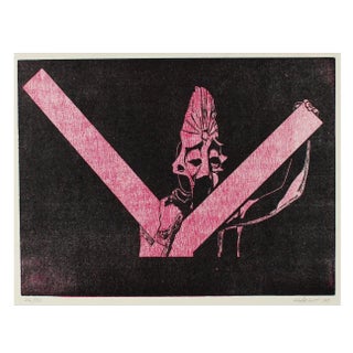 Figurative Woodcut in Pink & Black 1969 For Sale