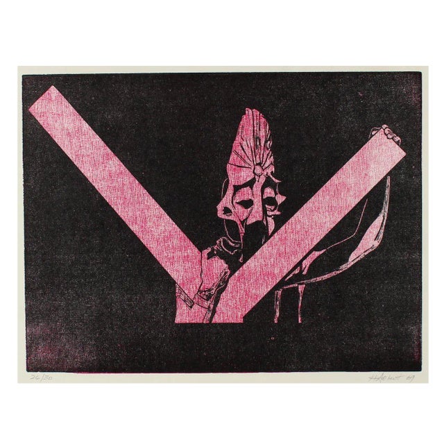 Figurative Woodcut in Pink & Black 1969 For Sale