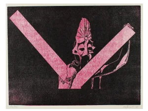 Figurative Woodcut in Pink & Black 1969