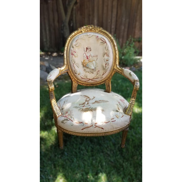 Late 19th Century Late 19th C. Louis XVI Revival Giltwood Aubusson Tapestry Salon Suite | Canapé & Four Fauteuils For Sale - Image 5 of 18