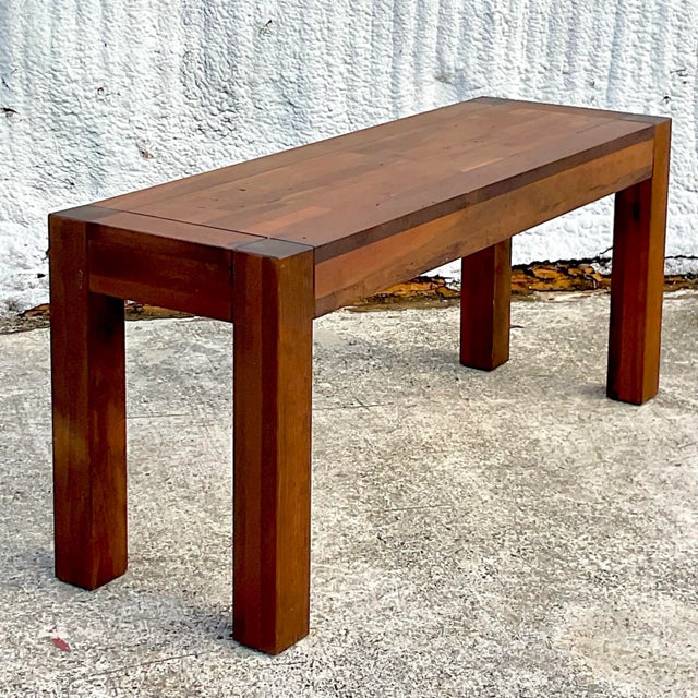 Vintage Boho Wood Block Parsons Console Table | Chairish