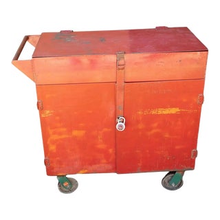 Mid 20th Century Industrial Bar and Storage Cart on Wheels With Locked Compartment and Hinged Top For Sale