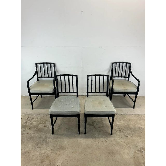 Black Set of 4 Mid Century Faux Bamboo Dining Chairs With Caned Seat & Tufted Cushions For Sale - Image 8 of 12