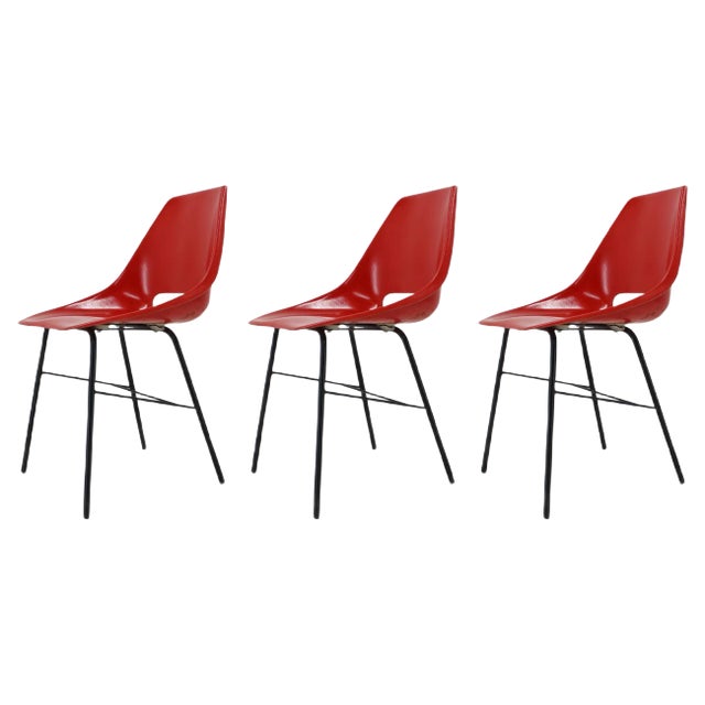 Czechoslovakian Red Fiberglass Dining Chairs, 1960s, Set of 3 For Sale