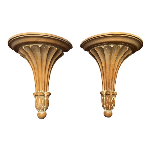 1950s Pair of Italian Carved Wood Wall Sconces - Neoclassical Revival For Sale