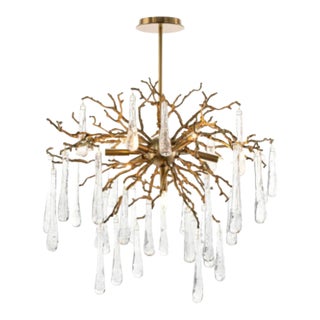 Organic Brass Branch Chandelier With Handblown Glass Teardrops – 7-Light Fixture For Sale