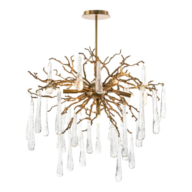 Organic Brass Branch Chandelier With Handblown Glass Teardrops – 7-Light Fixture For Sale
