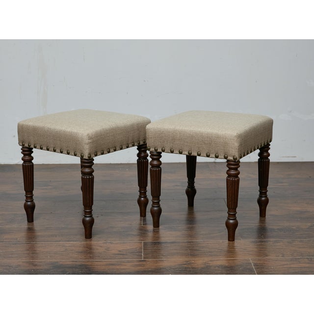 19th Century Pair of 19th Century English Oak Stools with Custom Linen Upholstery For Sale - Image 5 of 11