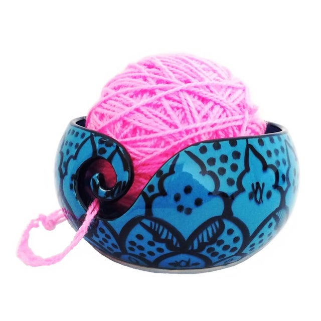 Boho Chic Boho Chic Handcrafted Greek Blue Ceramic Yarn Bowl For Sale - Image 3 of 6