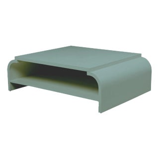 Minimalist Retro Style Linen-Raffia Wrapped Curved Coffee Table in Mint Color For Sale