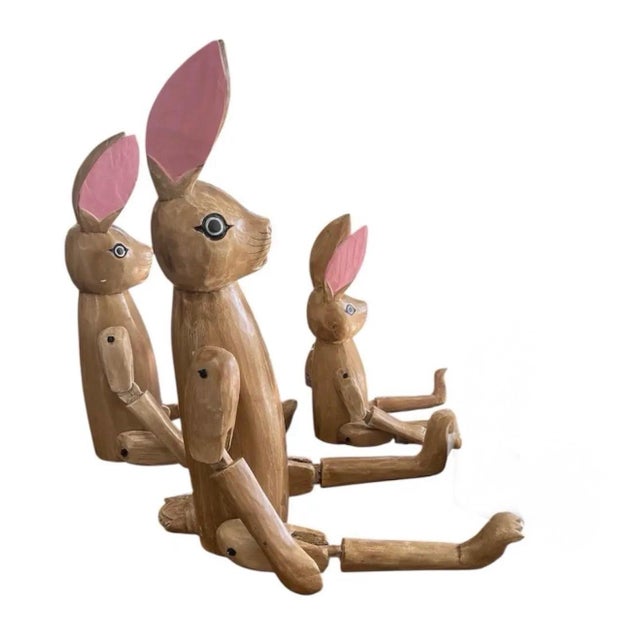 Vintage Hand-Carved Articulated Wooden Rabbit Family - Set of 3 For Sale - Image 4 of 5