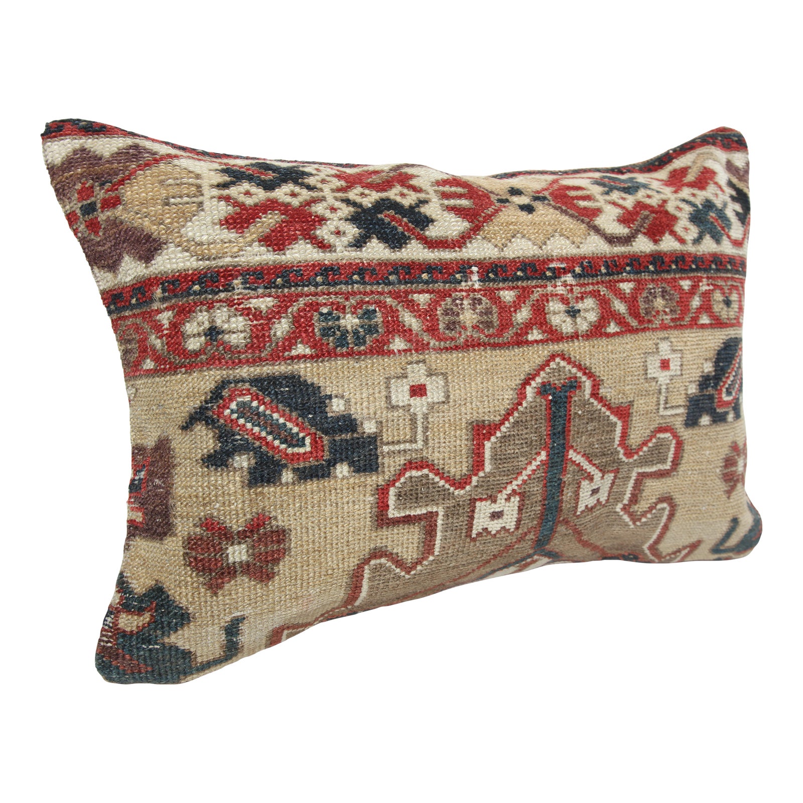 Antique Handmade Double-Knotted Tribal Rug Lumbar Pillow Cover, 16
