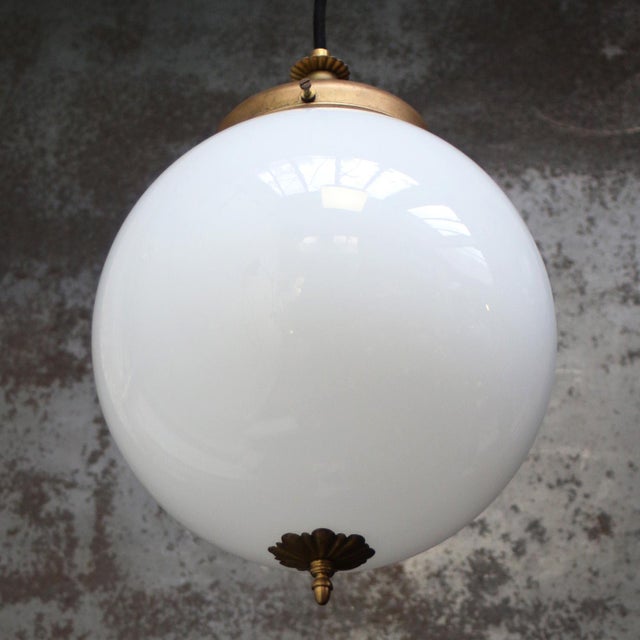 Vintage Pendant Lamp in White Opaline Glass and Brass For Sale - Image 9 of 10