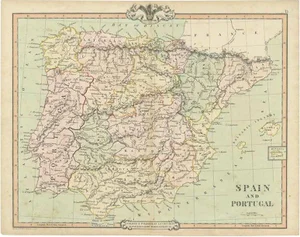 Antique Map of Spain and Portugal by Cruchley, 1854