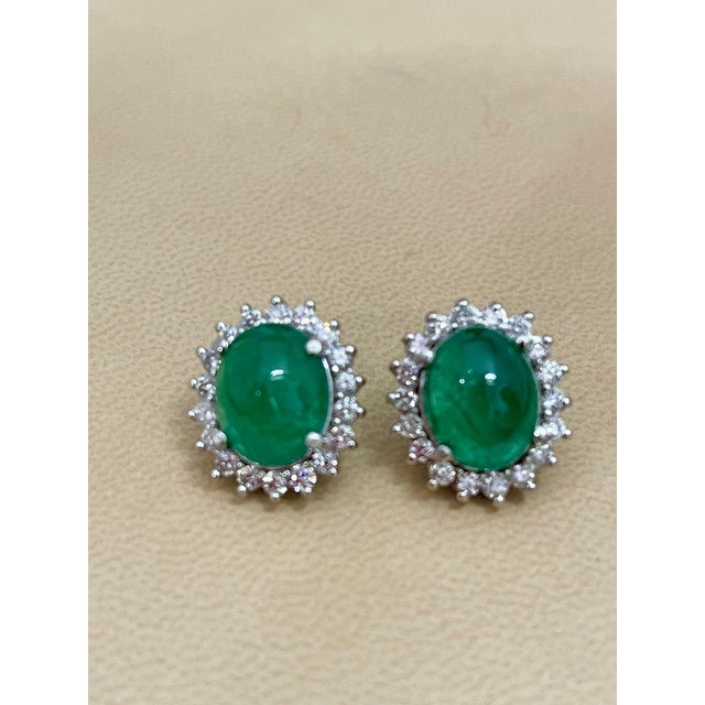 12 Ct Natural Emerald Zambia Cabochon & Diamond Stud Earring 14 Karat White Gold For Sale - Image 18 of 18