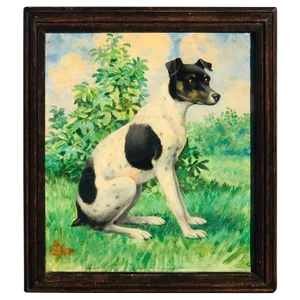 Late 19th Century Victorian Portrait of a Seated Jack Russell in Landscape, Signed Bruns