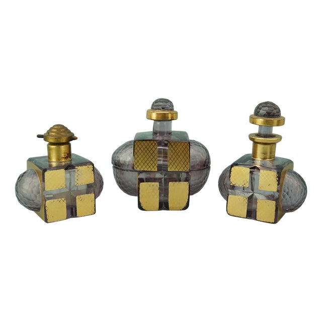 Antique Perfume Bottles and Box in Crystal and Gold from Bohemian Manufactory, Set of 3 For Sale