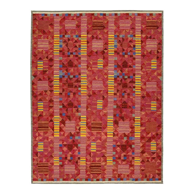 Modern Scandinavian Red Kilim – Handmade Geometric Flatweave Wool 9x12 For Sale